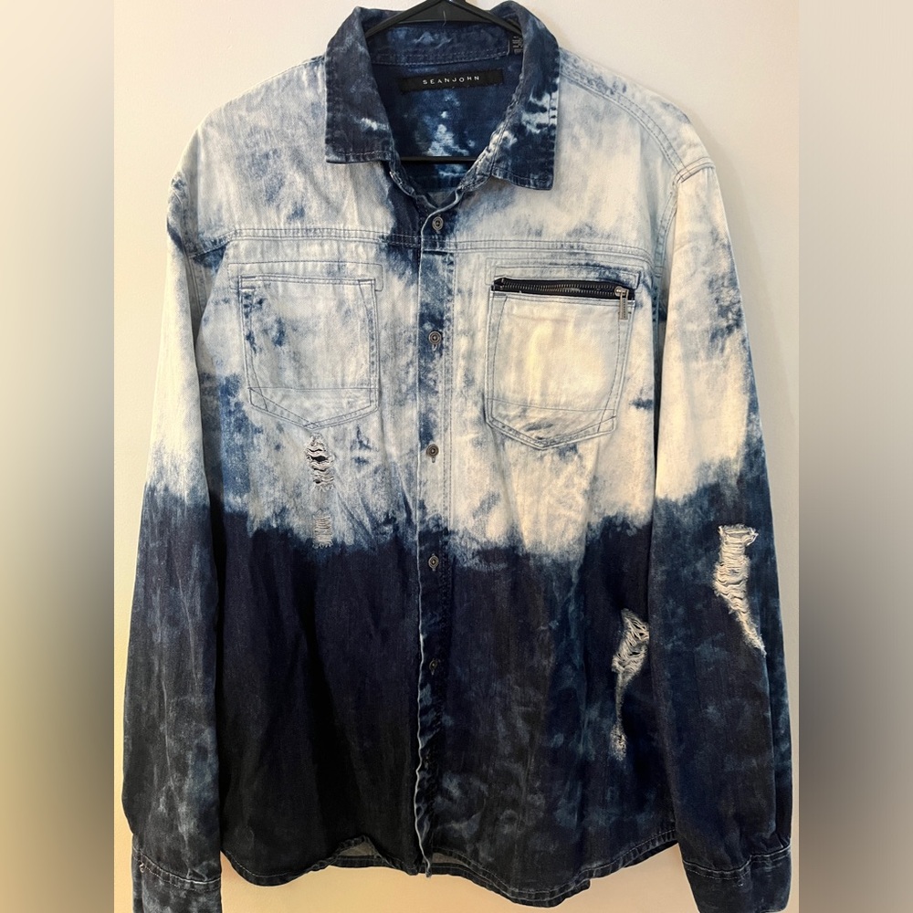 SeanJohn distressed Blue and White Denim Shirt